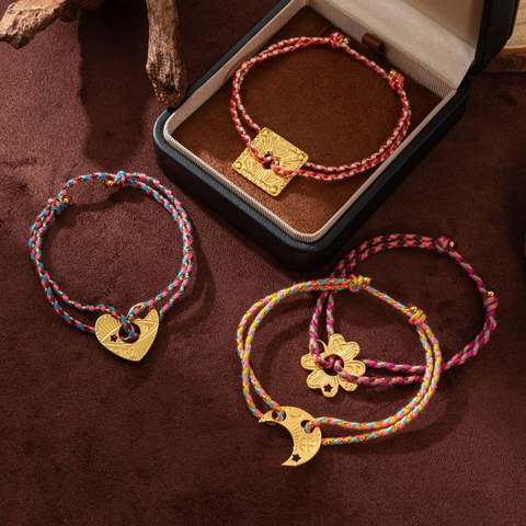 Handmade Bohemian Multicolor Woven Rope Bracelet Gold Plated Stainless Steel Heart Moon Square Eye Charm Adjust Bracelet For Women Jewelry