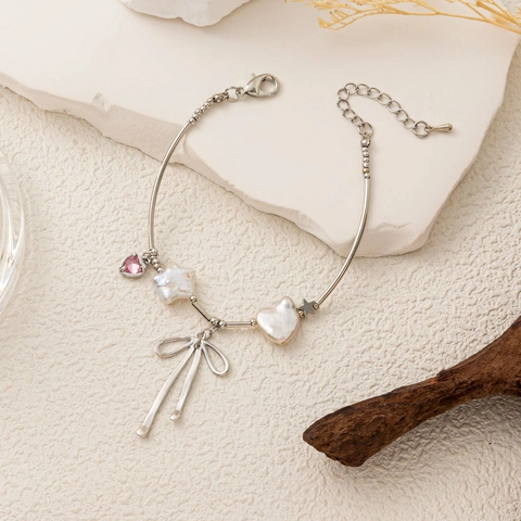 Süßes Schleife Stern Herz Kupfer Charm Armband Halskette Für Damen Naturperle Künstliche Barockperle Zirkonia Schmuck Valentinsgeschenk