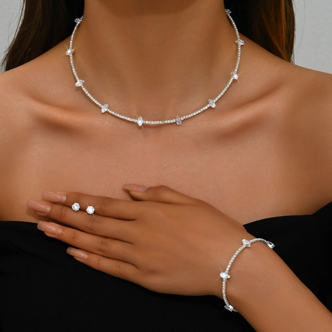 French Elegant Rhinestone Crystal Choker Necklace Bracelet Earrings Set Glamorous Bridal Prom Evening Jewelry For Women
