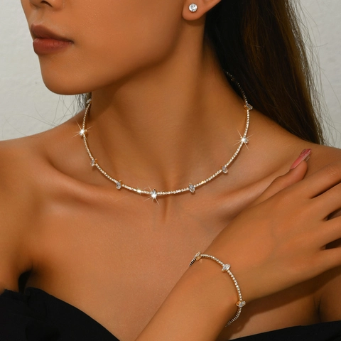 French Elegant Rhinestone Crystal Choker Necklace Bracelet Earrings Set Glamorous Bridal Prom Evening Jewelry For Women