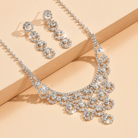 Braut Hochzeit Strass Halskette Ohrringe Set Luxus Voll Diamant Versilbert Kupfer Schmuck Set Für Bankett Party Damen