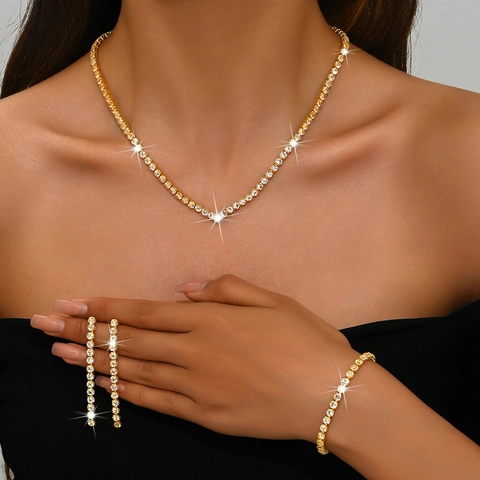 Luxury Copper Alloy Rhinestone Jewelry Set For Women Shiny V-Shape Tennis Necklace Earrings Bracelet Ring Banquet Wedding Jewelry