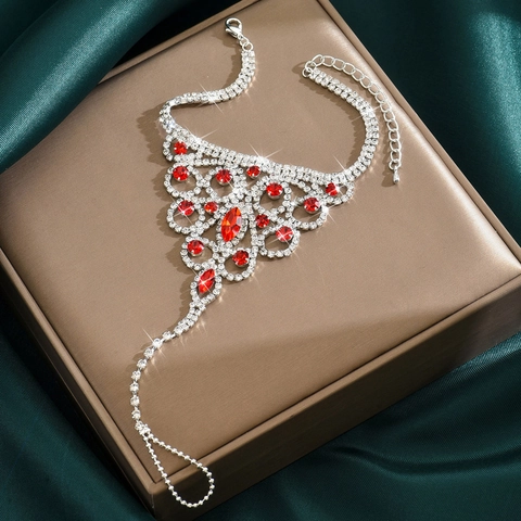 Tobillera con Anillo para el Dedo de Cobre y Strass Bohemio para Mujer Sandalias Descalzas Vintage Calado Cristal Rojo Azul Verde Joyería de Pie de Playa