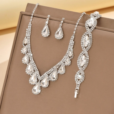 Elegant Zirconia Butterfly Jewelry Set French Style Water Drop Tassel Necklace Earrings Bracelet For Wedding Bridal Party