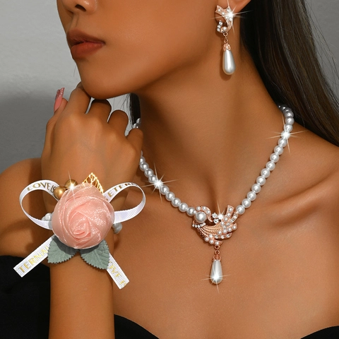 Elegant Faux Artificial Pearl Jewelry Set Alloy Rhinestone Swan Pendant Necklace Drop Earrings Floral Wrist Corsage For Wedding Banquet Women