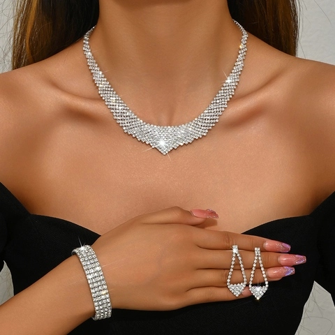 Luxury Silver Rhinestone Necklace Earrings Bracelet For Women Bridal Wedding Banquet Formal Occasion Elegant Jewelry