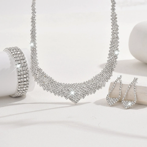 Luxury Silver Rhinestone Necklace Earrings Bracelet For Women Bridal Wedding Banquet Formal Occasion Elegant Jewelry