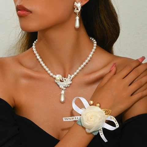 Elegant Faux Artificial Pearl Jewelry Set Alloy Rhinestone Swan Pendant Necklace Drop Earrings Floral Wrist Corsage For Wedding Banquet Women