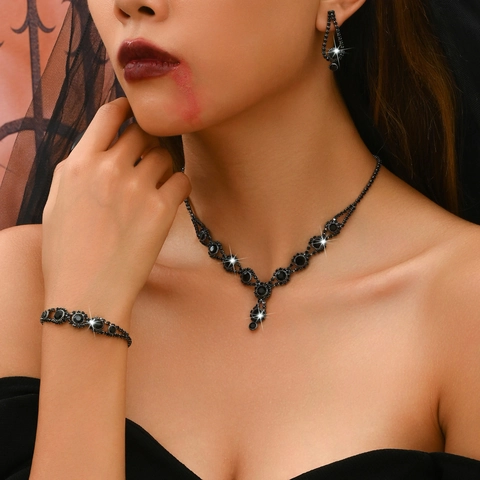 Gothic Black Rhinestone Jewelry Set Halloween Vampire Cosplay Waterdrop Heart Copper Necklace Earrings Bracelet Wedding Party Women Jewelry