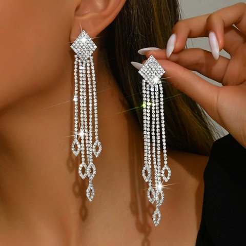 Rhinestone Tassel Drop Earrings Copper Long Dangle Earrings For Women Wedding Party Prom Luxury Jewelry Silver Tone