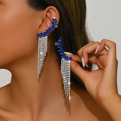 Luxurious Long Tassel Ear Crawler Earrings With Pear Shaped Stones And Shimmering Rhinestone Chains For Women Wedding Banquet Party