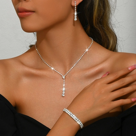 Luxury Alloy Rhinestone Jewelry Set Silver Plated Y-Shaped Drop Necklace Long Earrings Double Row Bracelet For Wedding Women