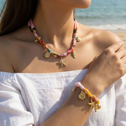 Vergoldeter Kupfer Seestern Muschel Halskette Und Armband Rosa Florale Satinband Für Damen Strand Urlaub Mode Schmuck