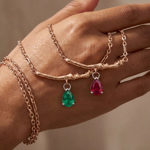 Natural Teardrop Pear Cut Birthstone Pendant Necklace Unique Branch Twig Design Gold Plated Copper Zirconia Jewelry Women Gift