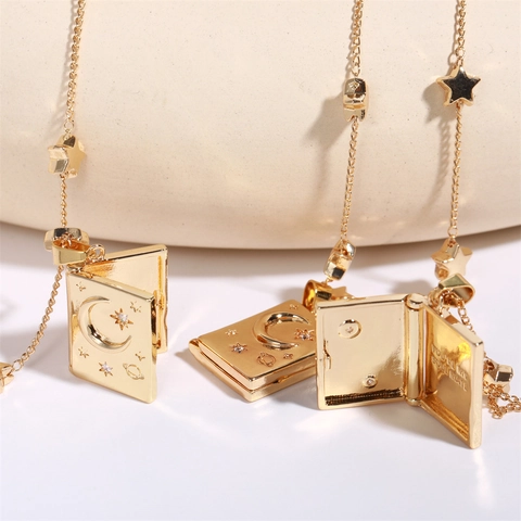Vintage 14K Gold Plated Copper Star Moon Book Locket Necklace For Women Zirconia Inlaid Soulmate Celestial Jewelry Gift