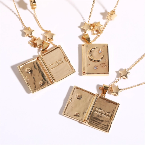 Vintage 14K Gold Plated Copper Star Moon Book Locket Necklace For Women Zirconia Inlaid Soulmate Celestial Jewelry Gift