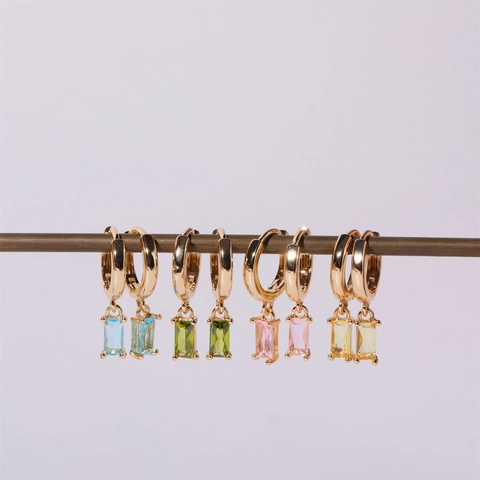 14K Gold Plated Copper Birthstone Hoop Earrings With 925 Sterling Silver Earring Post Vintage Rectangular Women Jewelry