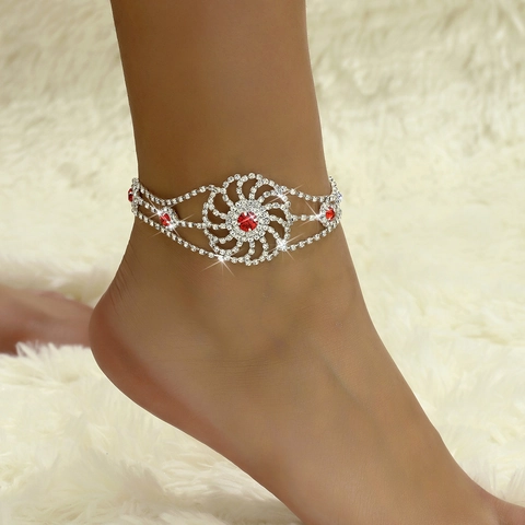 Luxueux Bracelet de Cheville Multicouche Strass Fleur Plaqué Argent Zircone Rouge Chaîne de Pied Bohème Femme Mariage Plage Bijoux