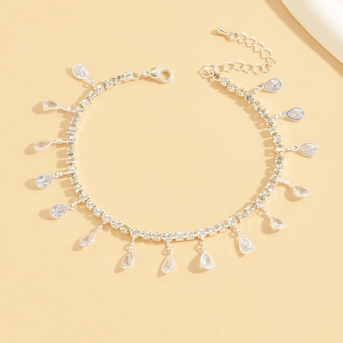 Elegante Tobillera con Borlas de Aleación de Circonita Plateada Para Mujer Colgante de Cristal con Gota de Agua Brillante