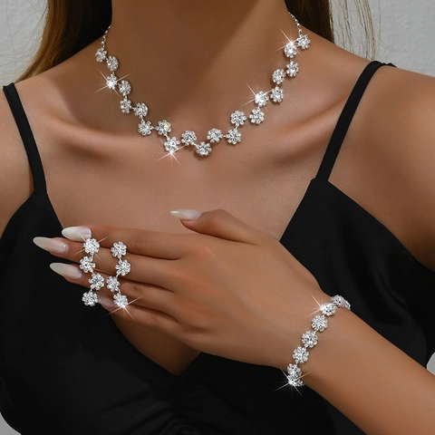 Elegant Floral Rhinestone Jewelry Set Silver Tone Necklace Earrings Bracelet For Wedding Bridal Party Women Accessories