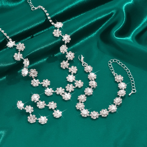 Elegant Floral Rhinestone Jewelry Set Silver Tone Necklace Earrings Bracelet For Wedding Bridal Party Women Accessories