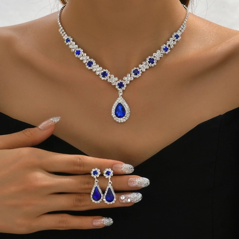 Luxury Copper Rhinestone Water Drop Jewelry Set For Women Wedding Party Vintage Teardrop Necklace And Earrings Set