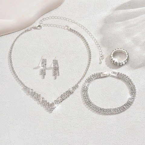 Elegant Silver Plated Alloy Rhinestone Wedding Jewelry Necklace Earrings Bracelet Ring For Women Bride Formal Party Accessories