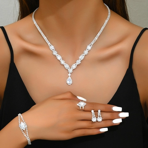 Luxury Alloy Rhinestone Jewelry Set Water Drop Marquise Crystal Necklace Earrings Bracelet Ring Set For Wedding Party Women