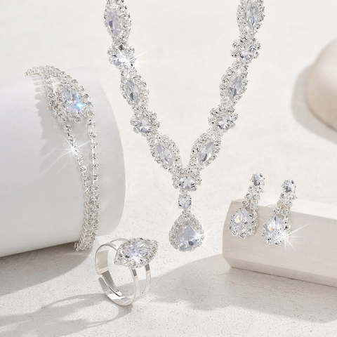 Luxury Alloy Rhinestone Jewelry Set Water Drop Marquise Crystal Necklace Earrings Bracelet Ring Set For Wedding Party Women