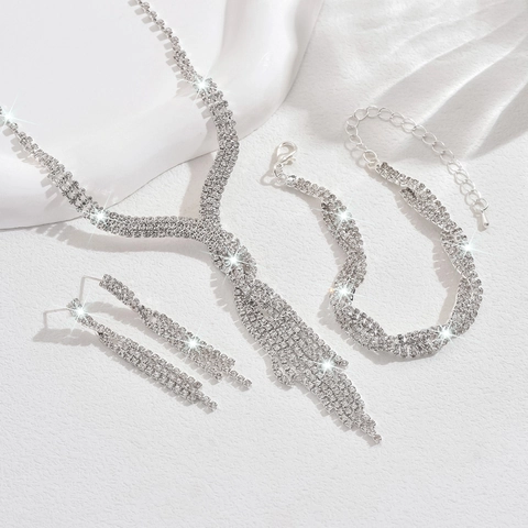 Luxury Rhinestone Jewelry Set Silver Tassel Necklace Bracelet Earrings For Wedding Banquet Prom Women Fashion Accessories