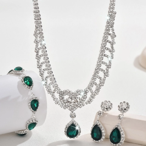 Luxurious Alloy Rhinestone Waterdrop Jewelry Set For Women Elegant Heart Tassel Necklace Earrings Bracelet Wedding Banquet Accessories