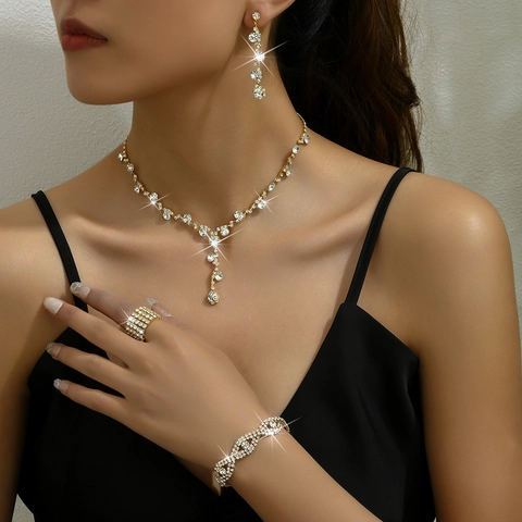 Luxus Strass Schmuck Set Legierung Kristall Y Halskette Hängende Ohrringe Stretch Ring Gewebtes Armband Für Damen Hochzeit