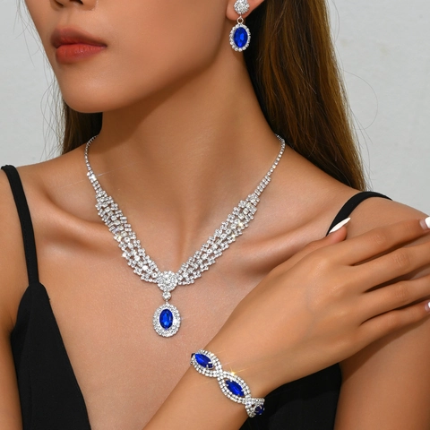 Luxury Copper Zirconia Jewelry Necklace Earrings Bracelet Oval Synthetic Sapphire Emerald Ruby Gemstone Wedding Banquet Jewelry