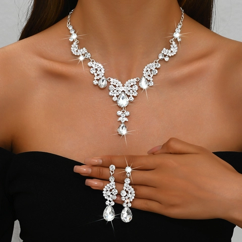 Luxury Water Drop Rhinestone Jewelry Set Bridal Necklace And Earrings For Wedding Banquet Formal Dress Accessories Women