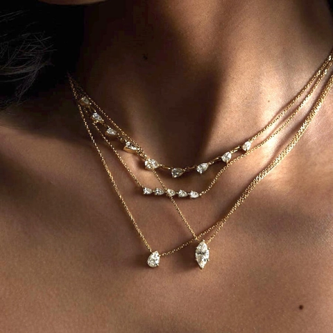 Elegant Copper Necklace 18K Gold Plated Cubic Zirconia Teardrop Marquise Geometric Pendant Minimalist Jewelry For Women