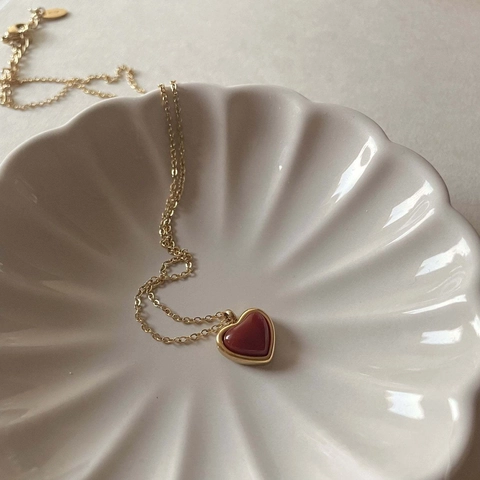 Stainless Steel Heart Pendant Necklace And Earrings 18K Gold Plated Imitation Red Agate Jewelry For Women Retro Elegant