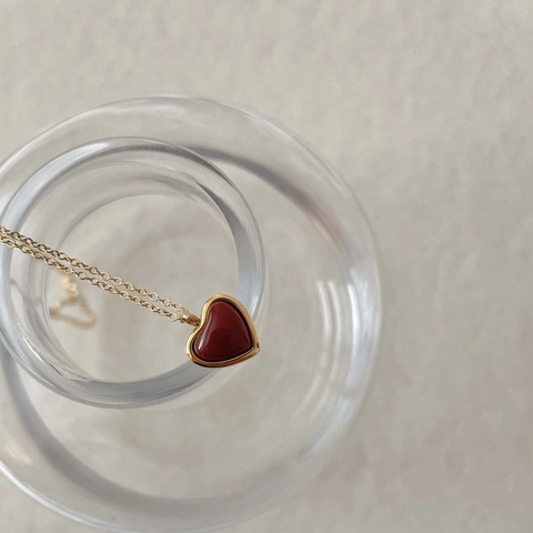 Stainless Steel Heart Pendant Necklace And Earrings 18K Gold Plated Imitation Red Agate Jewelry For Women Retro Elegant