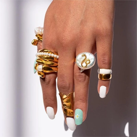 Zodiac Sign Constellation Artificial Baroque Pearl Open Ring 14k Gold Plated Copper Irregular Shell Fashion Jewelry For Women