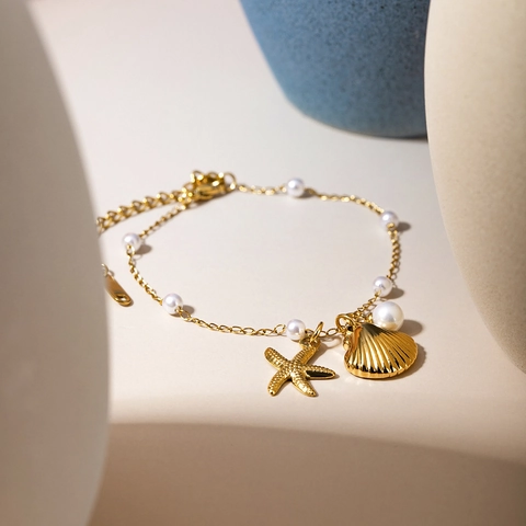 Pulsera Collar De Perlas Artificiales Estrella De Mar Concha Tema Océano De Acero Inoxidable Joyería Bañada En Oro 18K Para Mujer