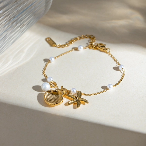 Pulsera Collar De Perlas Artificiales Estrella De Mar Concha Tema Océano De Acero Inoxidable Joyería Bañada En Oro 18K Para Mujer