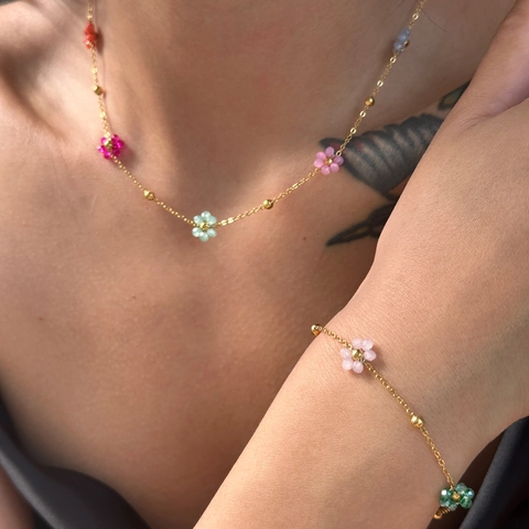 Mujer Acero Inoxidable Chapado en Oro Collar Cuentas Flores Pulsera Tobillera Cadena de Cintura Cuentas Blanco Colorido Joyería Boho