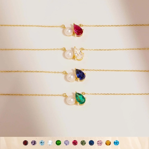 18K Gold Plated Stainless Steel Birthstone Pendant Necklace With Pear Cut Zirconia And Artificial Pearl Elegant Jewelry Gift For Women