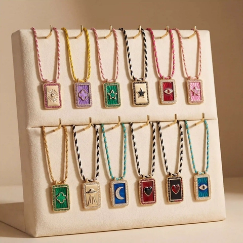 Vintage Copper Tarot Card Pendant Necklace For Women Bohemian Enamel Evil Eye Star Moon Heart Braided Rope Jewelry