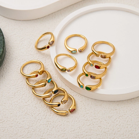 Vintage 18K Gold Plated Stainless Steel Birthstone Ring For Women 12 Months Adjustable Open Double Stone Finger Ring Jewelry