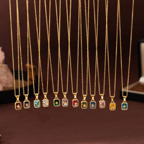 18K Gold Plated Titanium Steel North Star Birthstone Necklace For Women Vintage Rectangle Crystal Zirconia Pendant Jewelry