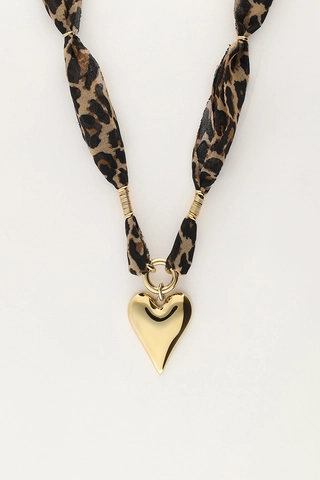 Collar con Colgante de Corazón de Acero Inoxidable Correa de Tela de Leopardo Chapado en Oro 18K Joyería Geométrica para Mujer