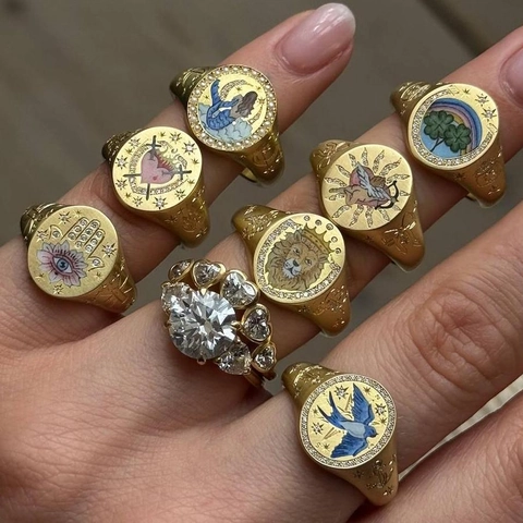 Anillo de Sello Vintage de Acero Inoxidable Bañado en Oro de 18K Esmalte Pintado León Sirena Corazón Anillo Abierto Ajustable Joyería de Moda Mujer Hombre
