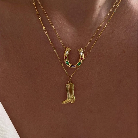 Vintage Western Style Stainless Steel Necklace Horseshoe Cowboy Boot Pendant Colorful Zircon Inlaid Lucky Symbol For Women