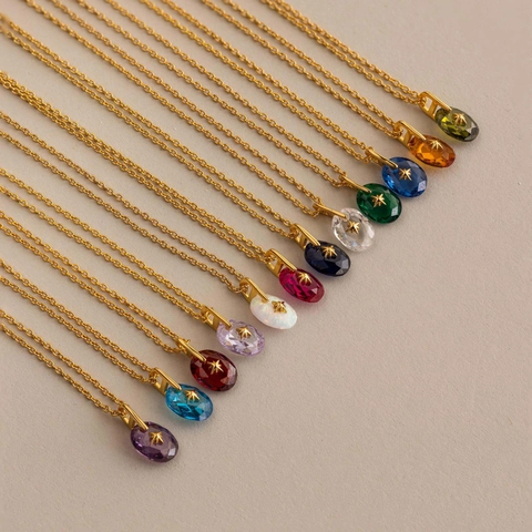 Vintage Noordster Geboortesteen Hanger Halsketting 14K Verguld Roestvrij Stalen Ketting Ovaal Zirkonia Sieraden Voor Vrouwen