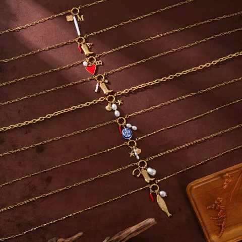 Vintage Stainless Steel Pendant Necklace For Women Gold Plated Paperclip Chain With Western Boot Chili Heart Artificial Pearl Shell Starfish Charms Bohemian Jewelry